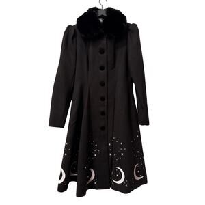 Hell Bunny Long Coat Moons Stars Faux Fur Collar L Large Interstellar